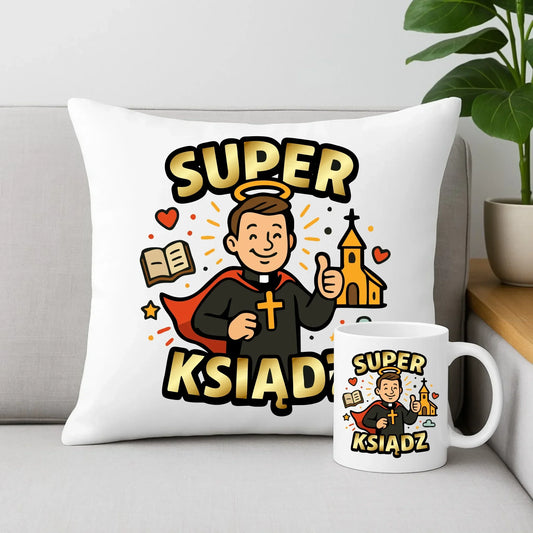 Super ksiądz | Zestaw poduszka i kubek prezent dla księdza N37 - StoryCups.pl