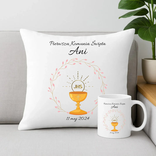 Zestaw poduszka i kubek pamiątka Pierwszej Komunii dla dziewczynki personalizacja PK02 - StoryCups.pl