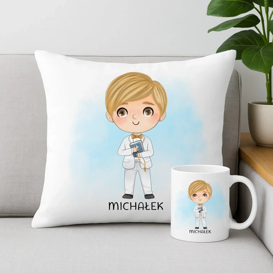 Zestaw poduszka i kubek Pierwsza Komunia Święta dla chłopca personalizacja cytat PK05 - StoryCups.pl