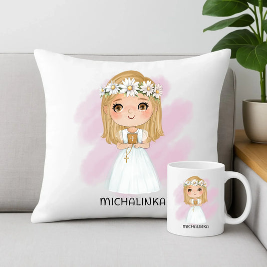 Zestaw poduszka i kubek Pierwsza Komunia Święta dla dziewczynki personalizacja cytat PK04 - StoryCups.pl