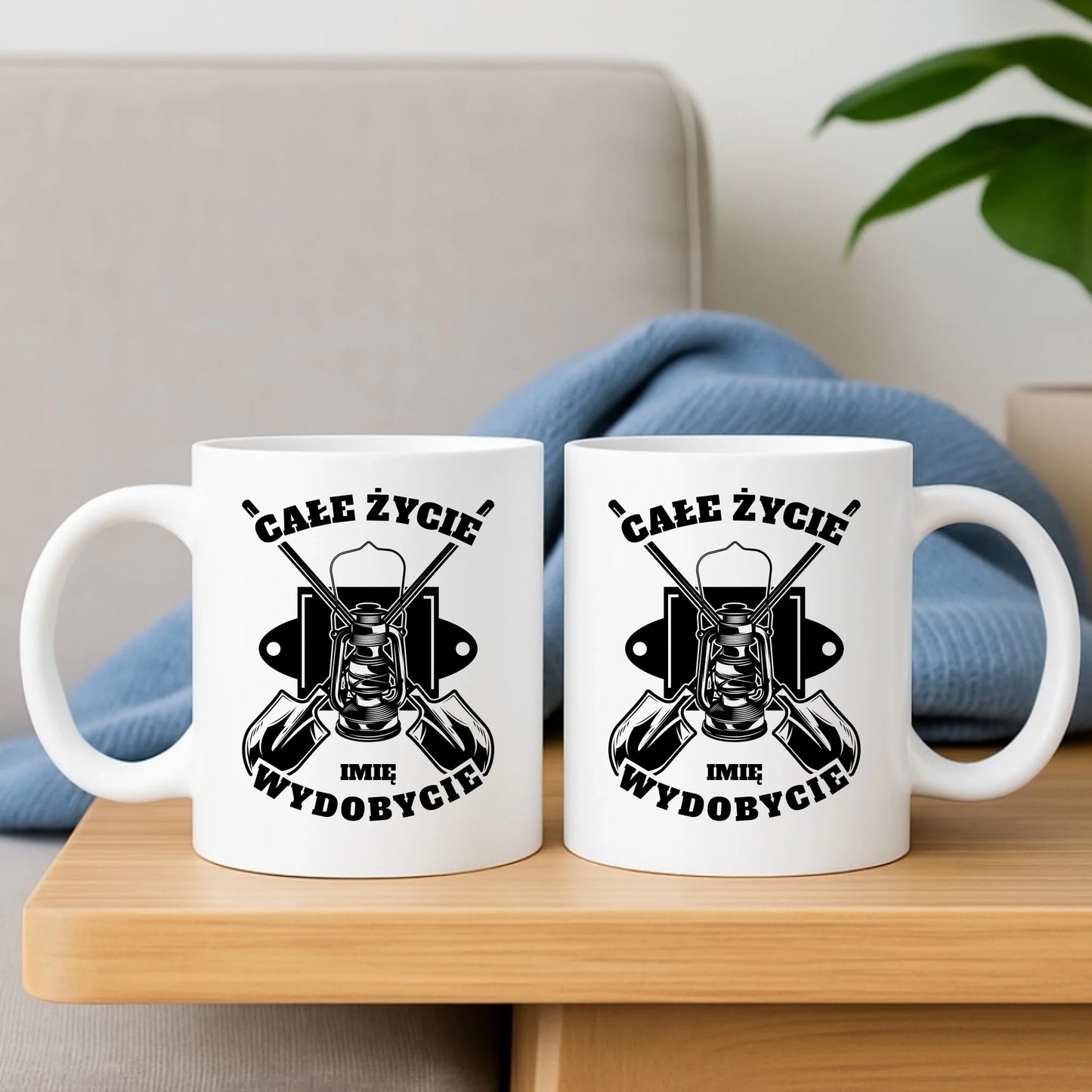 Zestaw poduszka i kubek - prezent dla górnika - Całe życie wydobycie - personalizowany G01 - StoryCups.pl