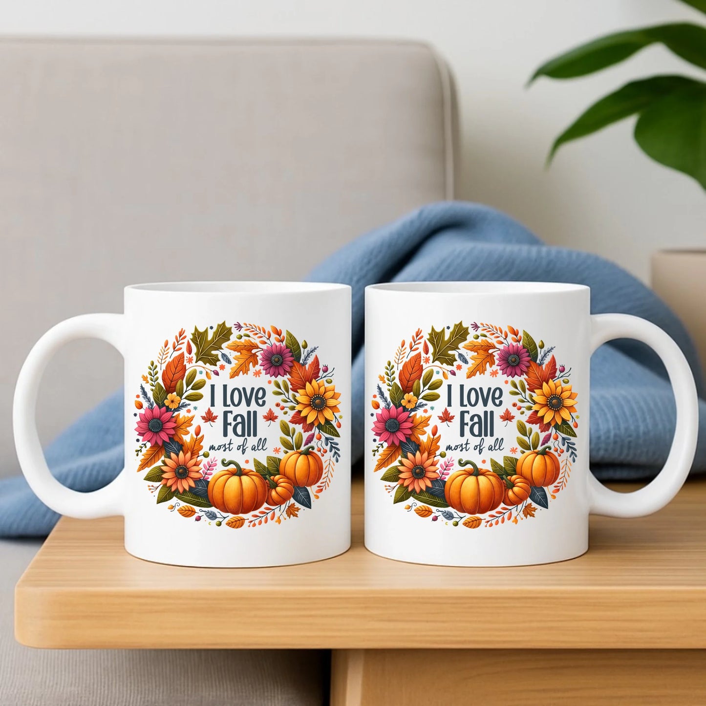 Zestaw poduszka i kubek jesienny - Kocham jesień - dynia z liśćmi JS03 - StoryCups.pl