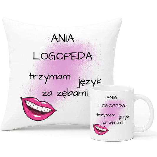 Logopeda | Zestaw poduszka i kubek z imieniem na prezent dla logopedy N24 - StoryCups.pl