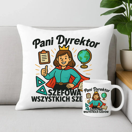 Szefowa wszystkich szefów | Zestaw poduszka i kubek dla Pani Dyrektor Szkoły N29 - StoryCups.pl