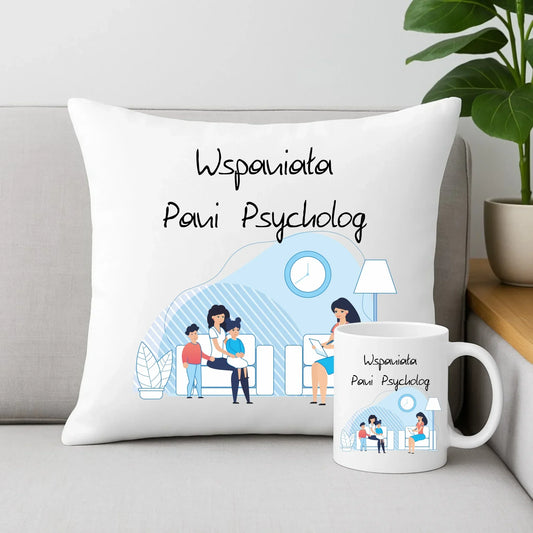 Wspaniała pani psycholog | Zestaw poduszka i kubek na prezent N62 - StoryCups.pl