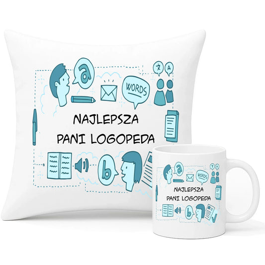 Najlepsza pani logopeda | Zestaw poduszka i kubek prezent dla logopedy N63 - StoryCups.pl