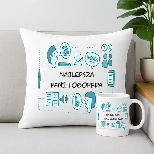 Najlepsza pani logopeda | Zestaw poduszka i kubek prezent dla logopedy N63 - StoryCups.pl
