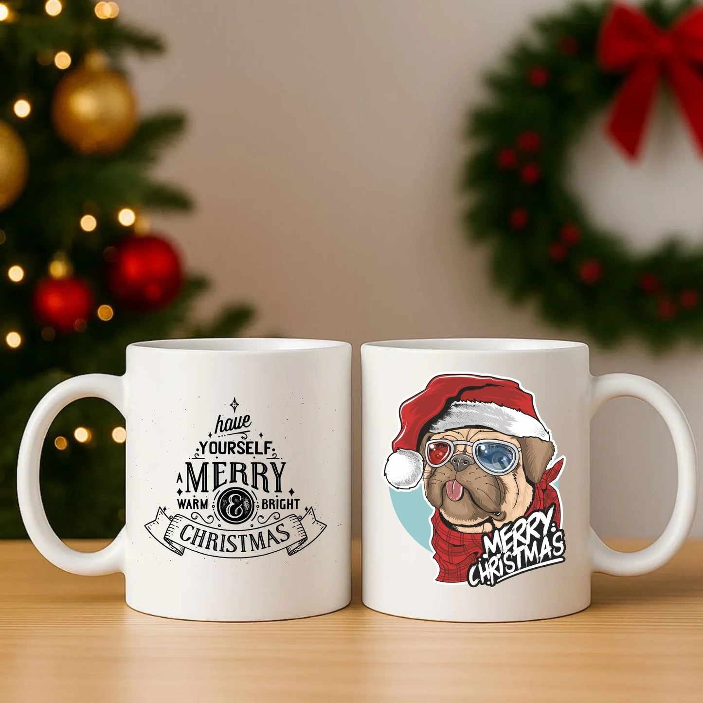 Merry Christmas | Świąteczny zestaw poduszka i kubek z mopsem BN62 - StoryCups.pl