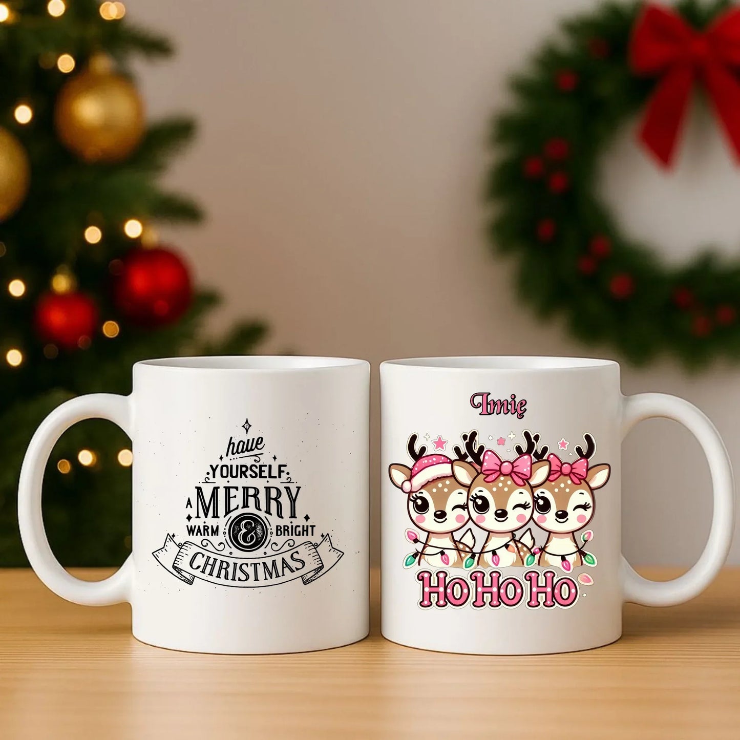 Ho ho ho reniferki | Świąteczny zestaw poduszka i kubek z imieniem BN49 - StoryCups.pl