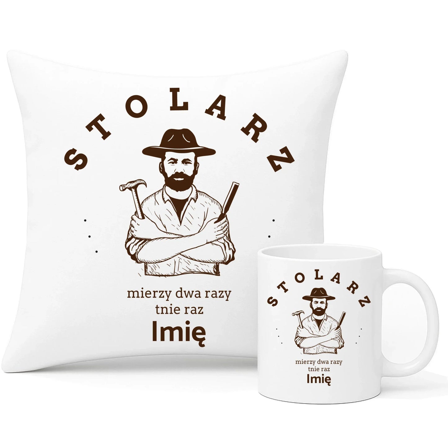 Stolarz mierzy dwa razy tnie raz | Zestaw poduszka i kubek dla stolarza ZS02 - StoryCups.pl