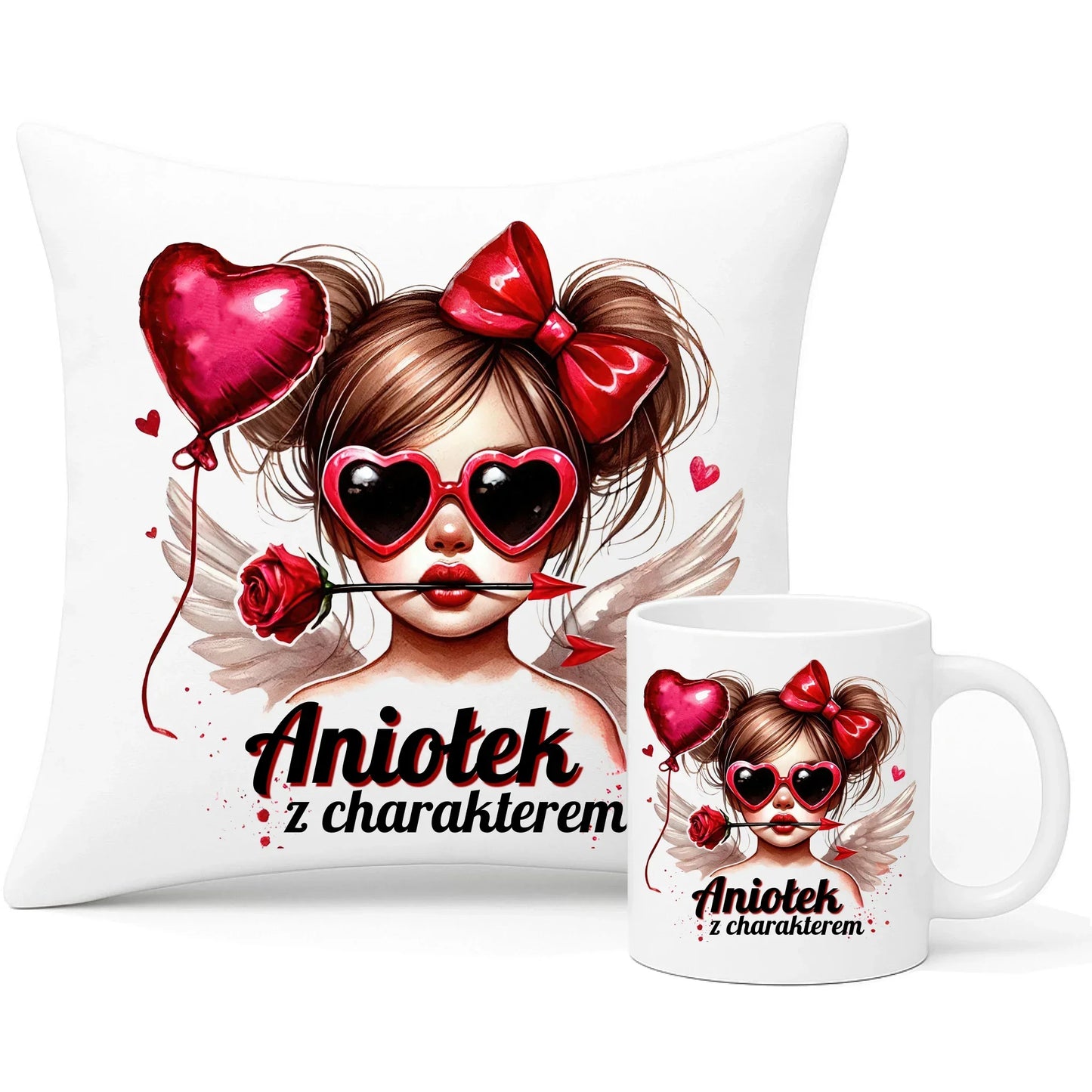 Aniołek z charakterem | Zestaw poduszka i kubek W58 - StoryCups.pl