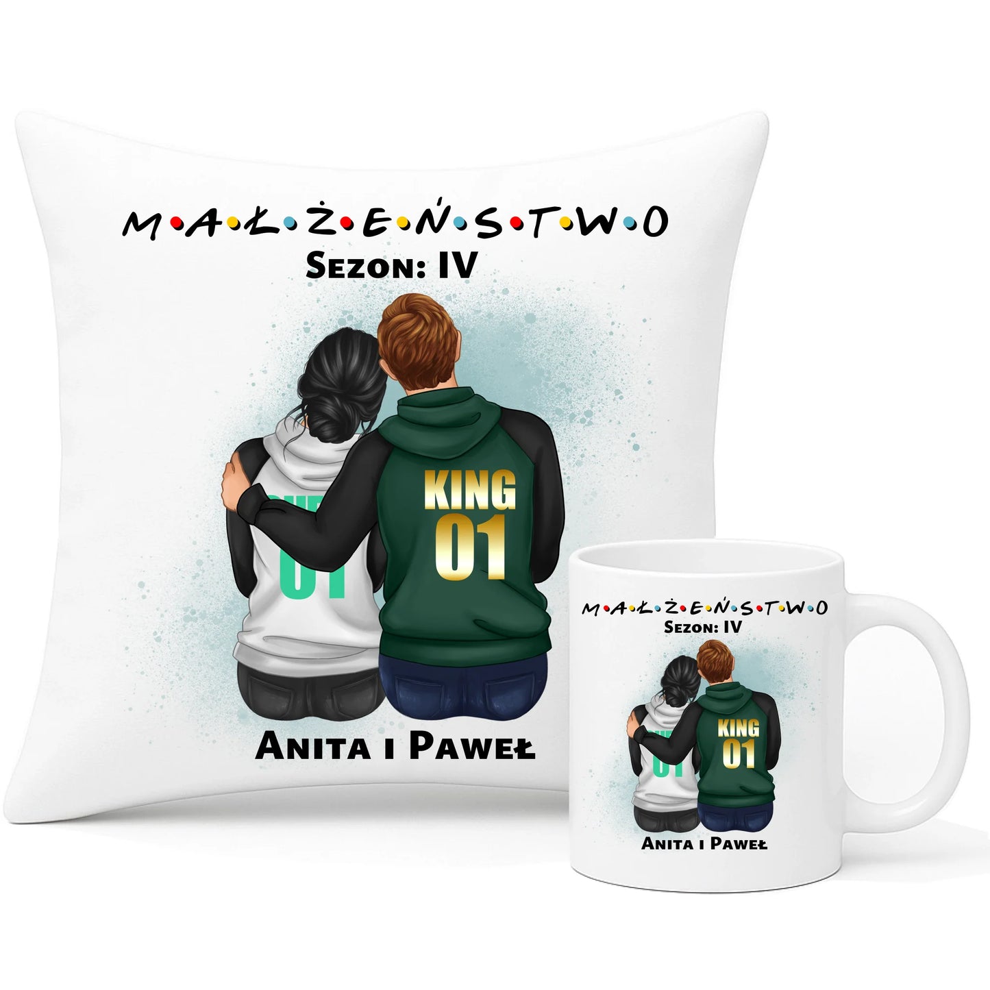 Sezon na Małżeństwo imiona | Personalizowany zestaw poduszka i kubek dla par W05 - StoryCups.pl