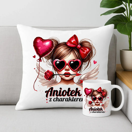 Aniołek z charakterem | Zestaw poduszka i kubek W58 - StoryCups.pl
