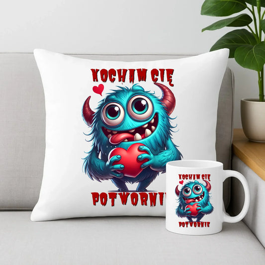 Kocham Cię potwornie | Zestaw poduszka i kubek W45 - StoryCups.pl