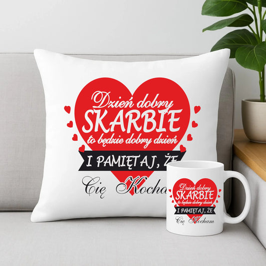 Zestaw poduszka i kubek - prezent dla par - Dzień dobry Skarbie W02 - StoryCups.pl