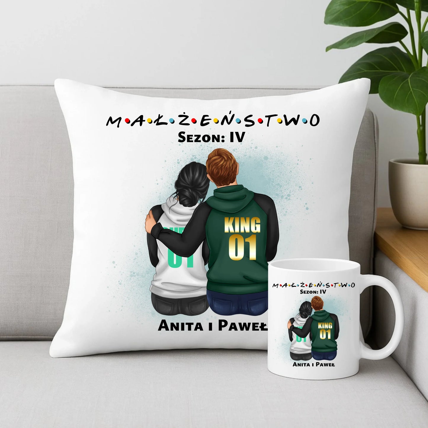 Sezon na Małżeństwo imiona | Personalizowany zestaw poduszka i kubek dla par W05 - StoryCups.pl
