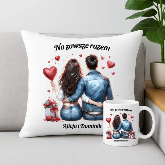Zestaw poduszka i kubek dla par - prezent dla dziewczyny i chłopaka - Na zawsze razem - personalizowany W07 - StoryCups.pl