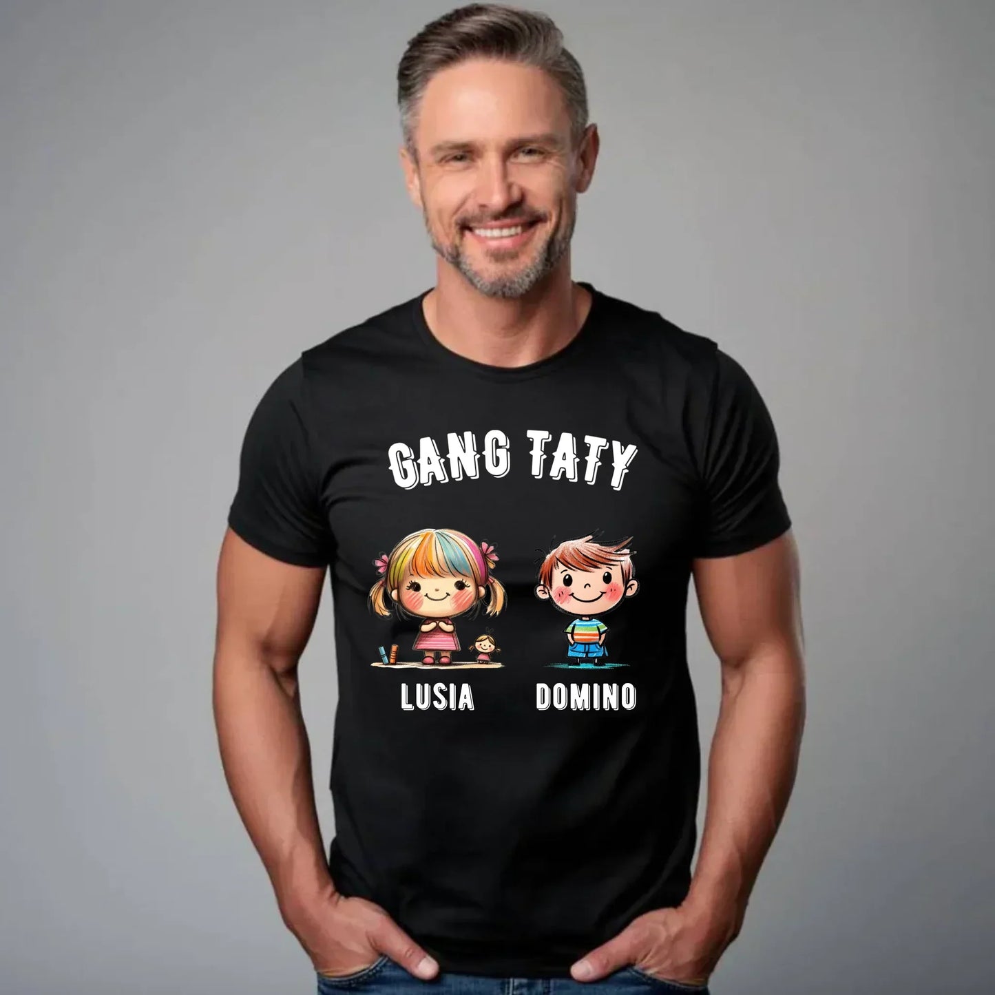 Gang Taty | Personalizowana czarna koszulka dla taty z imionami dzieci DT09 - StoryCups.pl