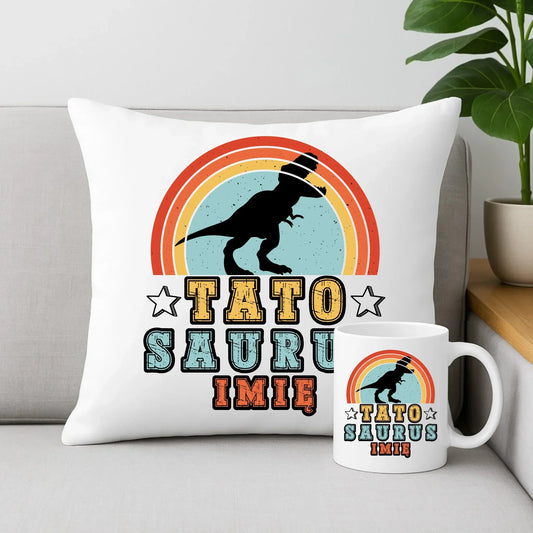 Tatosaurus + imię | Zestaw poduszka i kubek dla taty DT03 - StoryCups.pl