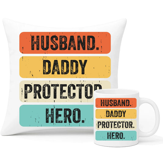 Husband daddy protector hero | Zestaw poduszka i kubek dla taty DT05 - StoryCups.pl