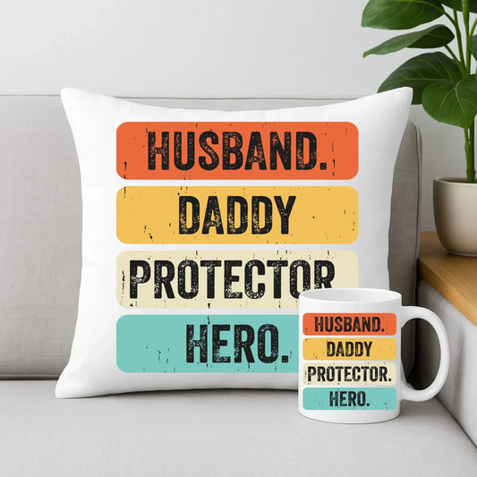 Husband daddy protector hero | Zestaw poduszka i kubek dla taty DT05 - StoryCups.pl