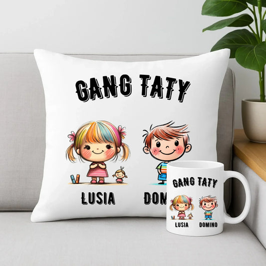 Gang Taty | Zestaw poduszka i kubek dla taty z imionami dzieci DT09 - StoryCups.pl