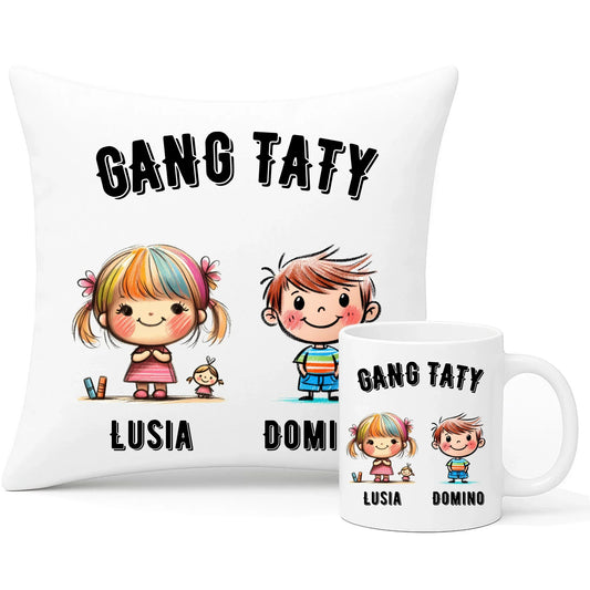 Gang Taty | Zestaw poduszka i kubek dla taty z imionami dzieci DT09 - StoryCups.pl