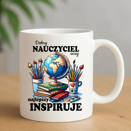 Najlepszy nauczyciel inspiruje | Kubek prezent dla nauczyciela N72 - StoryCups.pl