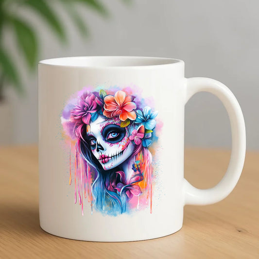 Kubek Halloween - kolorowa czaszka z kwiatami La Muerte HL05 - StoryCups.pl