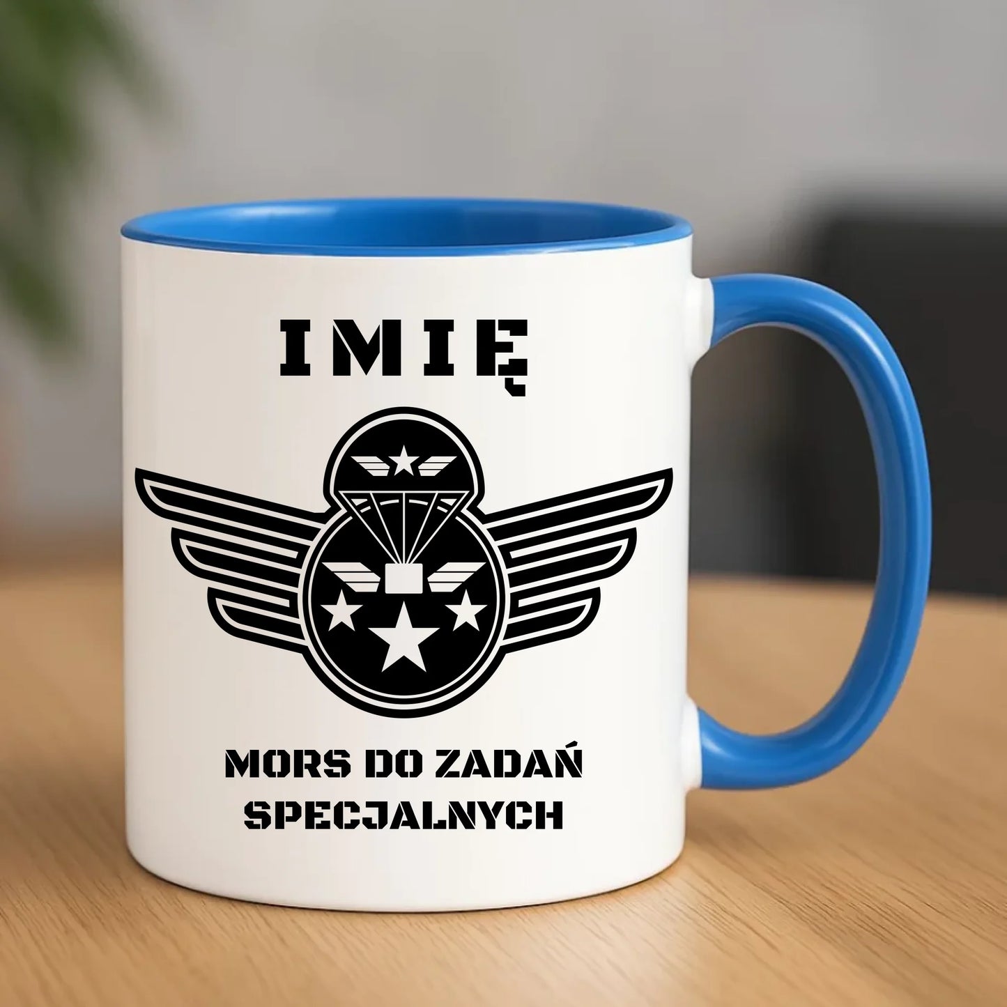 Ceramiczny niebieski kubek z nadrukiem na prezent