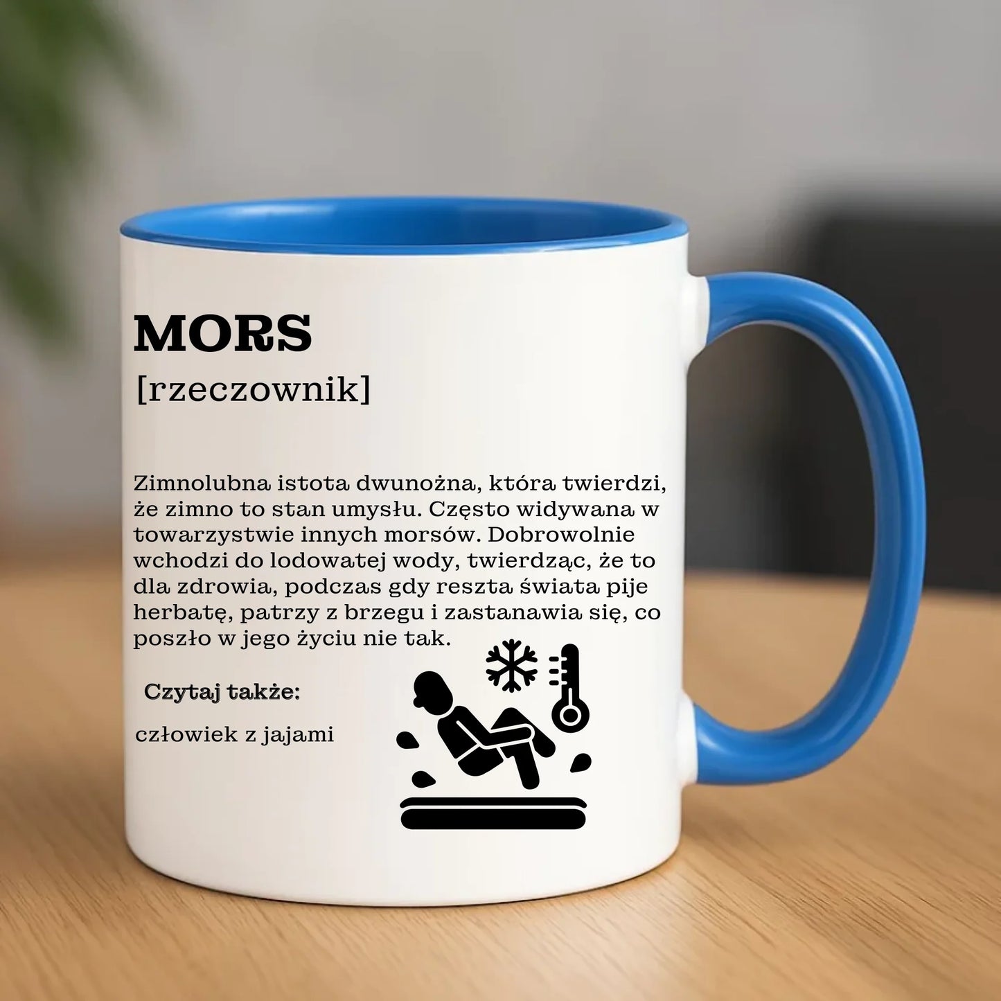 Ceramiczny niebieski kubek z nadrukiem na prezent