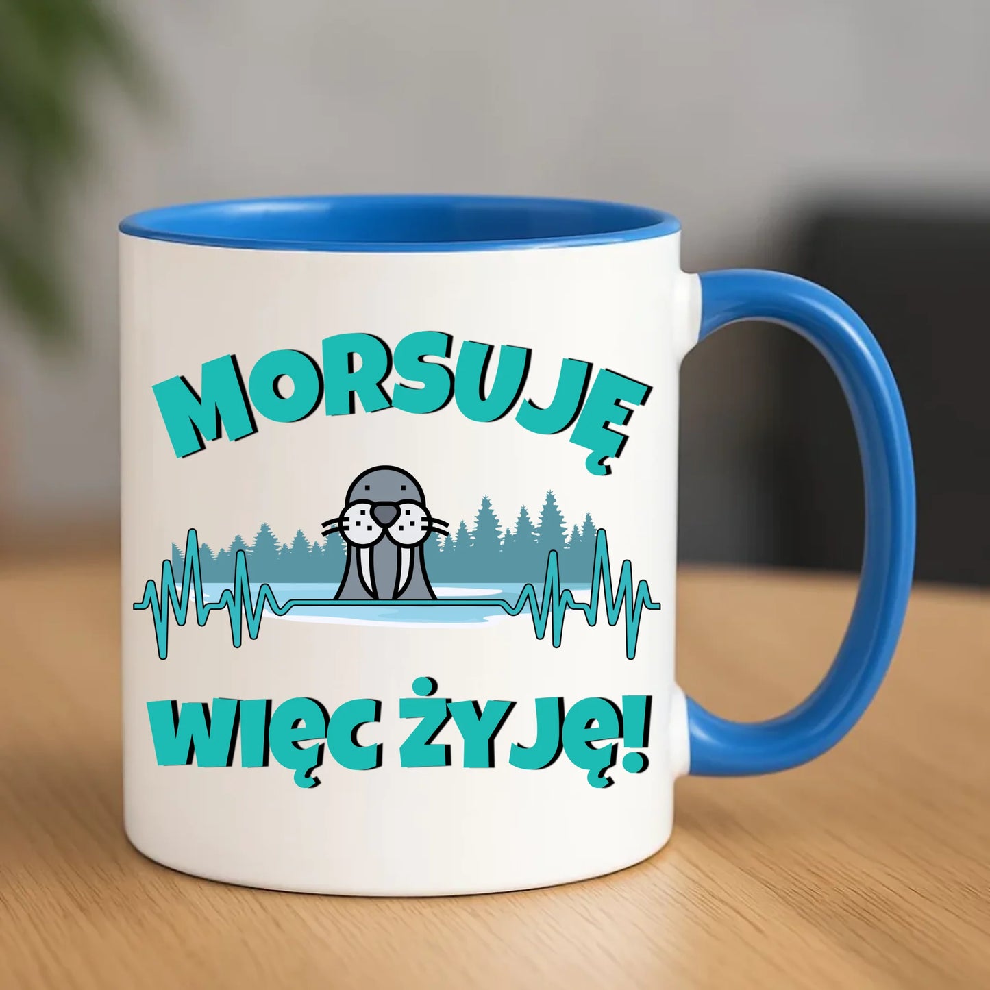 Ceramiczny niebieski kubek z nadrukiem na prezent