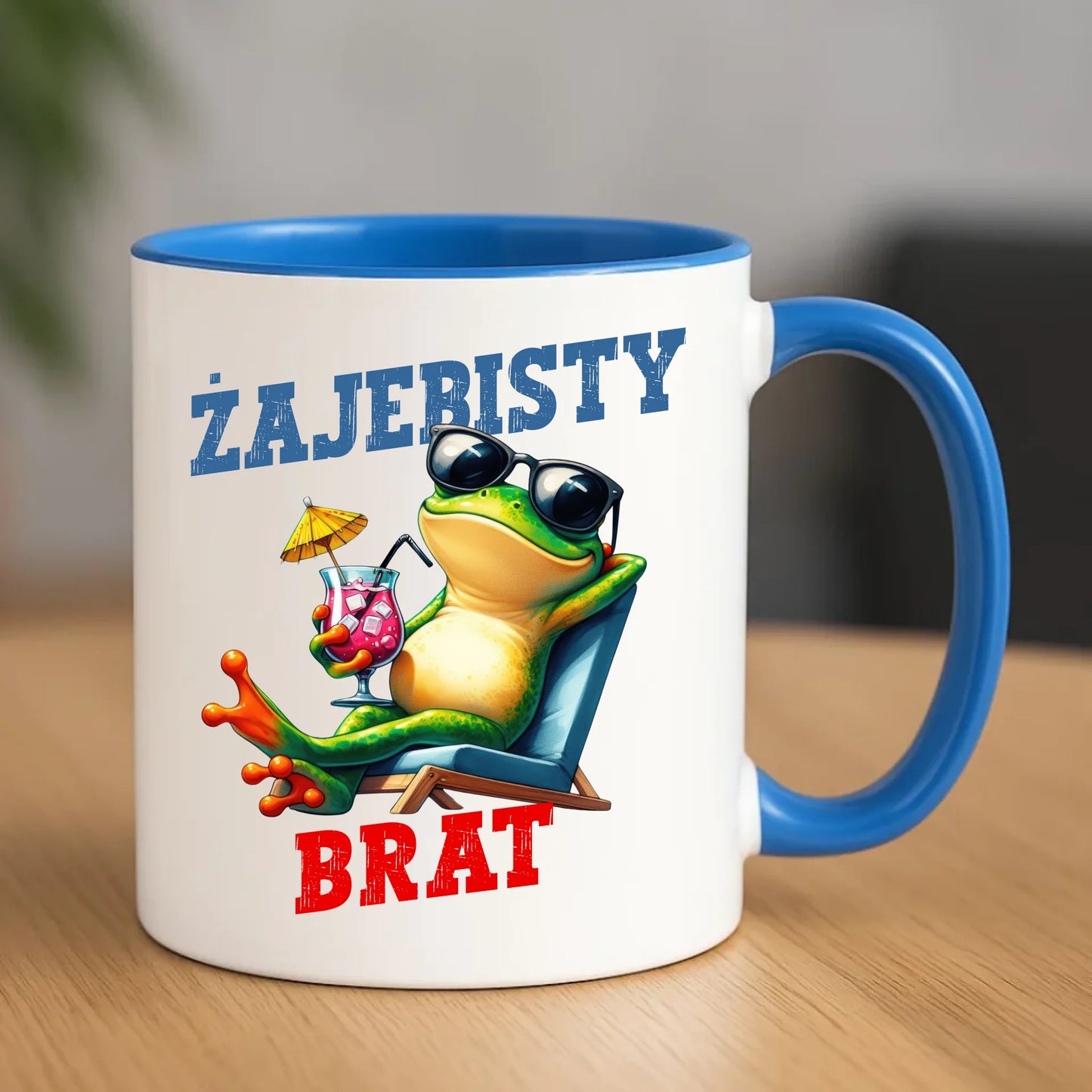 Ceramiczny niebieski kubek z nadrukiem na prezent