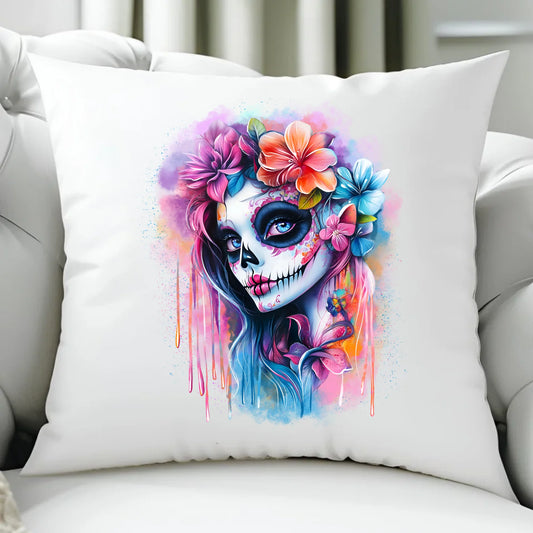 Poduszka Halloween - kolorowa czaszka z kwiatami La Muerte HL05 - StoryCups.pl