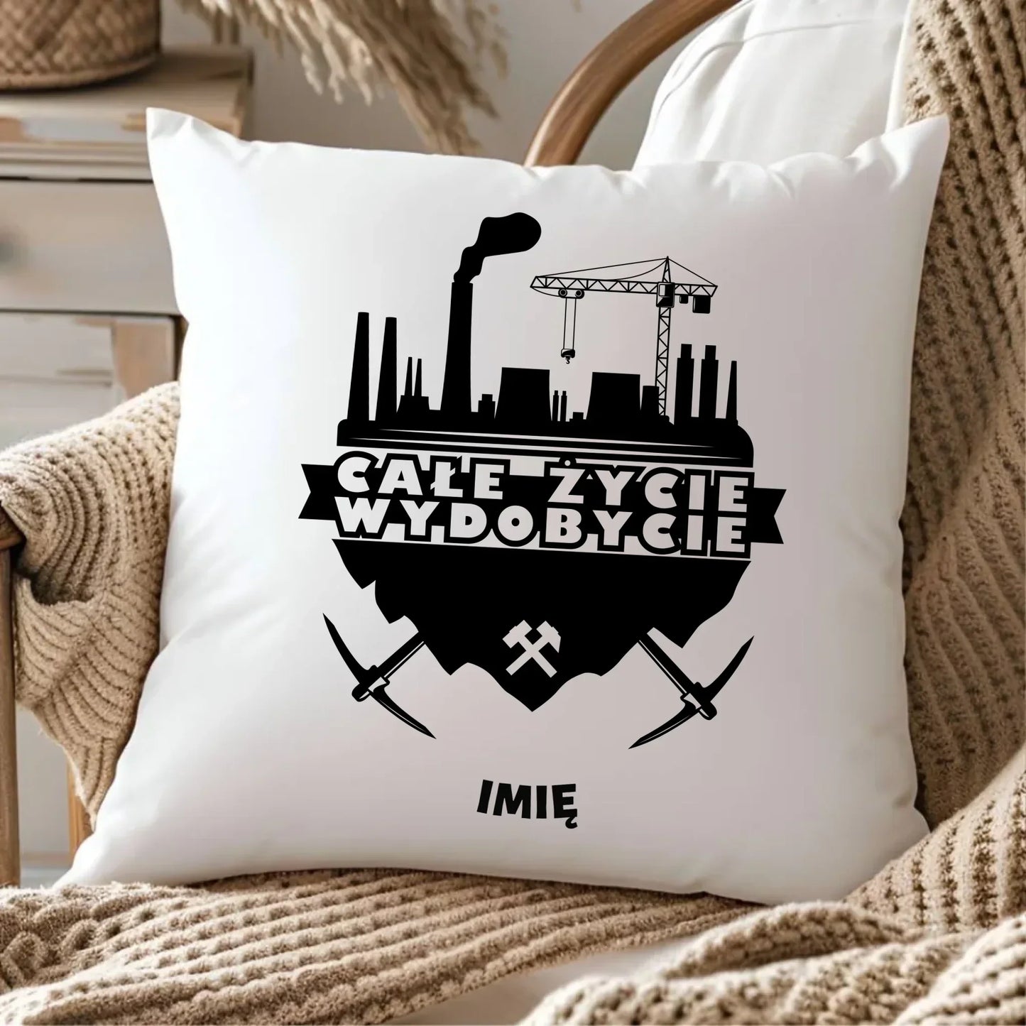 Całe życie wydobycie imię | Personalizowana poduszka dla górnika G09 - StoryCups.pl
