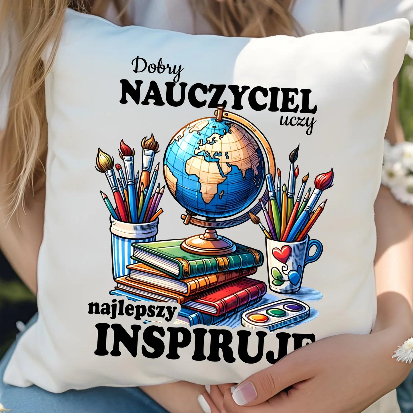 Najlepszy nauczyciel inspiruje | Poduszka prezent dla nauczyciela N72 - StoryCups.pl