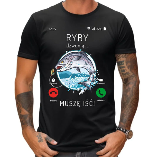 Ryby dzwonią muszę iść | Koszulka męska wędkarza D37 - StoryCups.pl