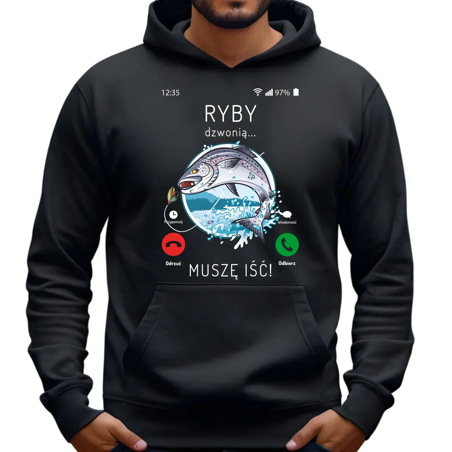 Ryby dzwonią muszę iść | Bluza męska z kapturem dla wędkarza D37 - StoryCups.pl