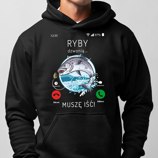 Ryby dzwonią muszę iść | Bluza męska z kapturem dla wędkarza D37 - StoryCups.pl