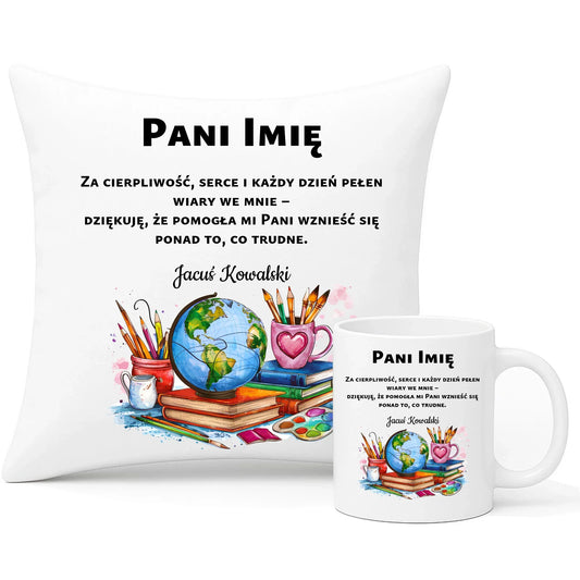 Podziękowanie dla nauczyciela | Zestaw poduszka i kubek prezent na Zakończenie Roku Szkolnego N12 - StoryCups.pl