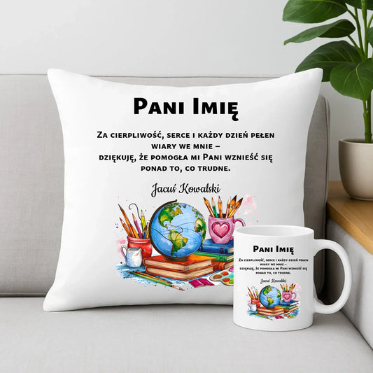 Podziękowanie dla nauczyciela | Zestaw poduszka i kubek prezent na Zakończenie Roku Szkolnego N12 - StoryCups.pl