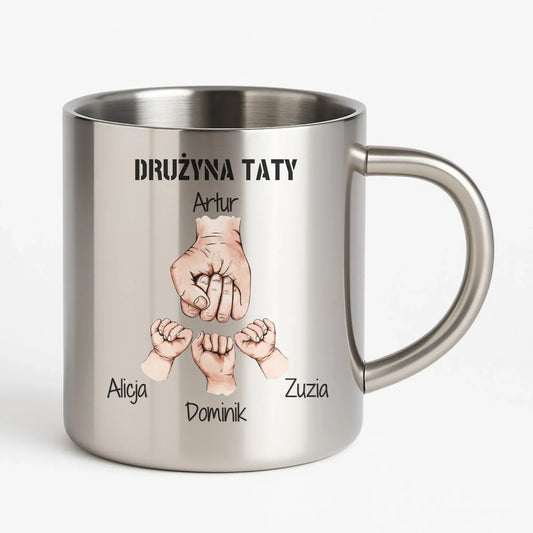 Drużyna Taty | Personalizowany metalowy kubek dla taty z imionami dzieci DT01 - StoryCups.pl