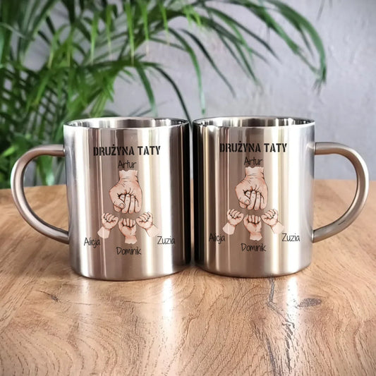 Drużyna Taty | Personalizowany metalowy kubek dla taty z imionami dzieci DT01 - StoryCups.pl