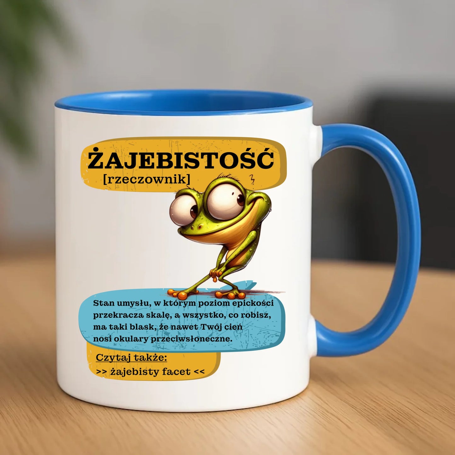 Niebieski kubek z zabawnym nadrukiem na Dzień Chłopaka