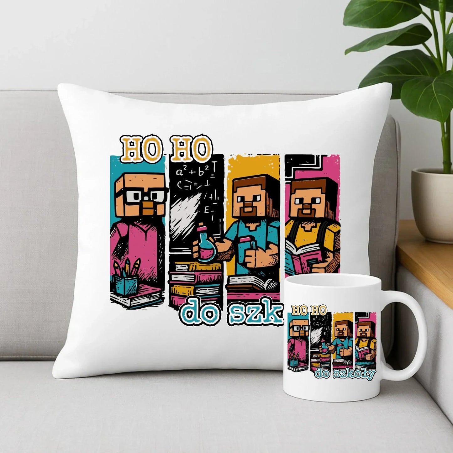 Zestaw poduszka i kubek w stylu Minecraft Ho ho do szkoły SZ03 - StoryCups.pl