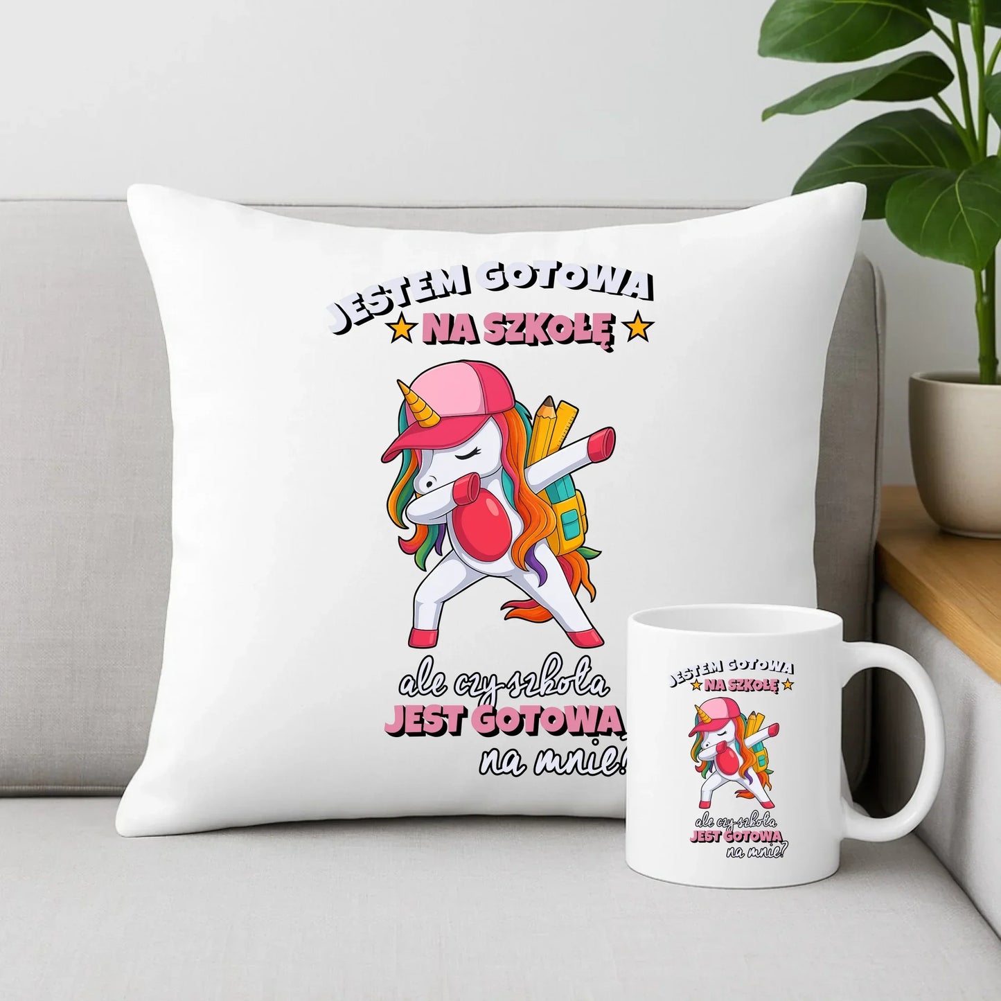 Zestaw poduszka i kubek z jednorożcem Jestem gotowa na szkołę SZ04 - StoryCups.pl