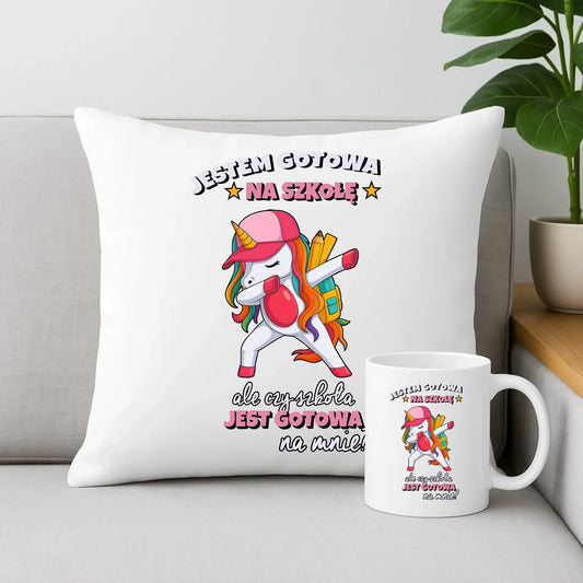 Zestaw poduszka i kubek z jednorożcem Jestem gotowa na szkołę SZ04 - StoryCups.pl
