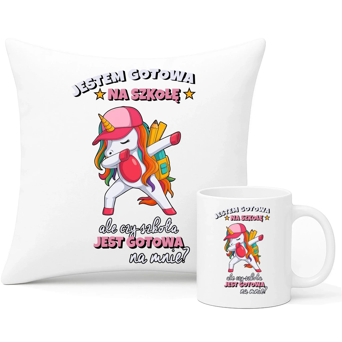Zestaw poduszka i kubek z jednorożcem Jestem gotowa na szkołę SZ04 - StoryCups.pl