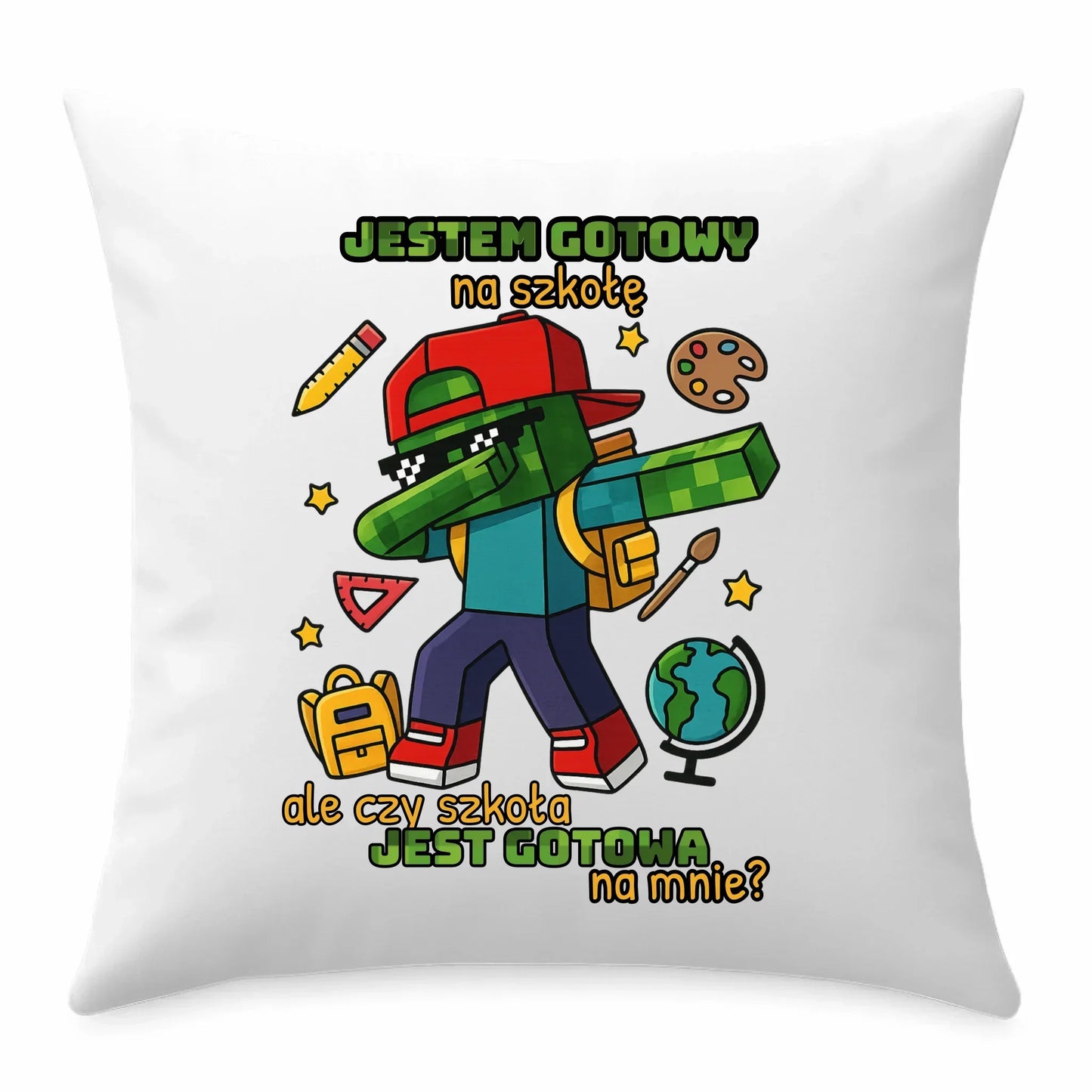 Poduszka inspirowana Minecraft'em Jestem gotowy na szkołę SZ05 - StoryCups.pl