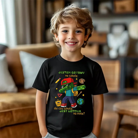 Koszulka dziecięca inspirowana Minecraft'em Jestem gotowy na szkołę SZ05 - StoryCups.pl